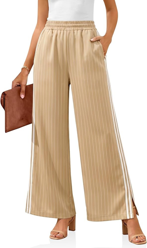 Cicy Bell Womens Striped Work Palazzo Pants Business Casual Elastic High Waisted Wide Leg Trouser... | Amazon (US)