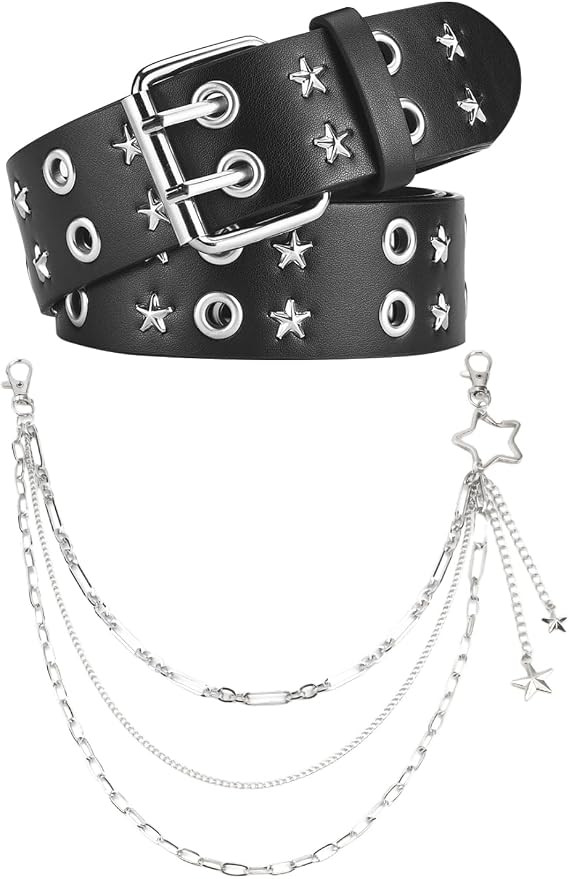 Double Grommet Studded Star Belt,Y2k Belts for Women Men, Black Punk Rock Grunge EMO Goth Belts w... | Amazon (US)