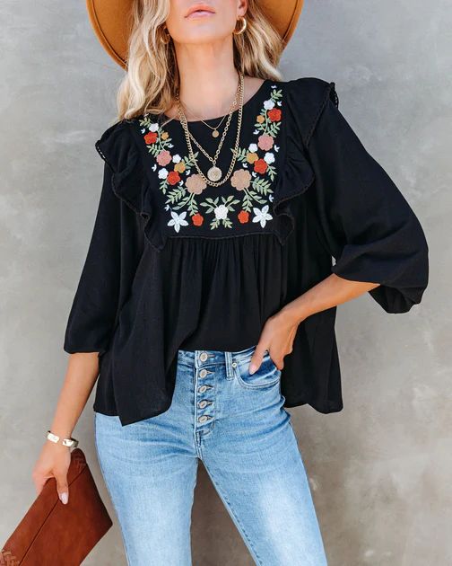 Bohemian Fall Floral Embroidered Babydoll Top - Black - FINAL SALE | VICI Collection