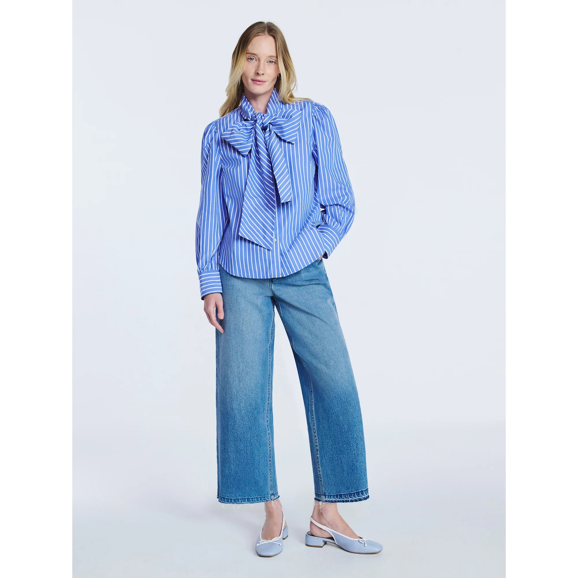 Free Assembly Women's Cotton Tie Neck Blouse with Long Puff Sleeves, Sizes XS-XXL | Walmart (US)