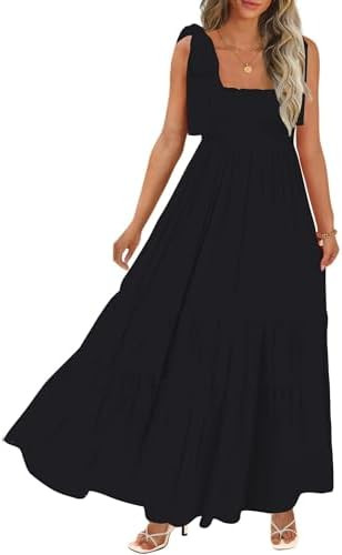 CURBODO Women's Summer Maxi Dress Boho Spaghetti Straps Casual Long A-line Smocked Beach Dress Sq... | Amazon (US)