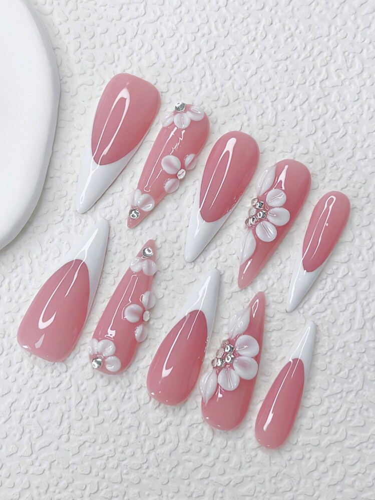 10Pcs Almond-Shaped Nails Y2K White French Style & Full Of Sparkling Rhinestones, 3D Flower Design Decoration, Ideal For Party And Daily Wear, Includes Tool Kit(1Pc Jelly Gel And 1Pc Nail File), Great As Gift For Women And Girls. Press On Nails Nail Supplies Nails | SHEIN