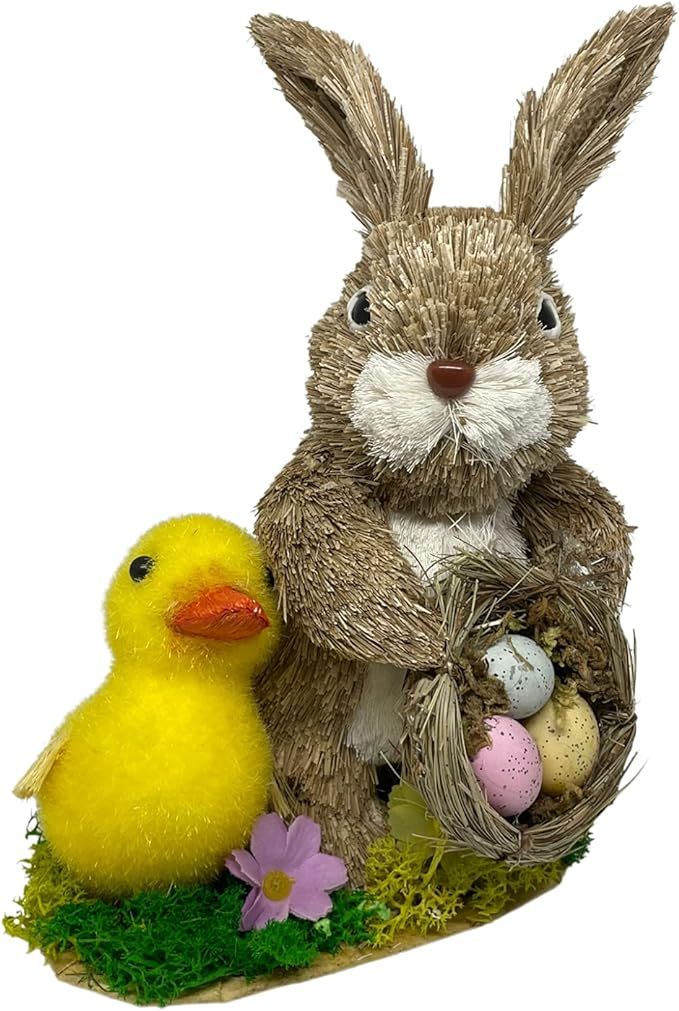 Easter Bunny Rabbit with Duck, Easter Home Decor, Handmade Standing Straw Figurine, Indoor Use On... | Amazon (US)