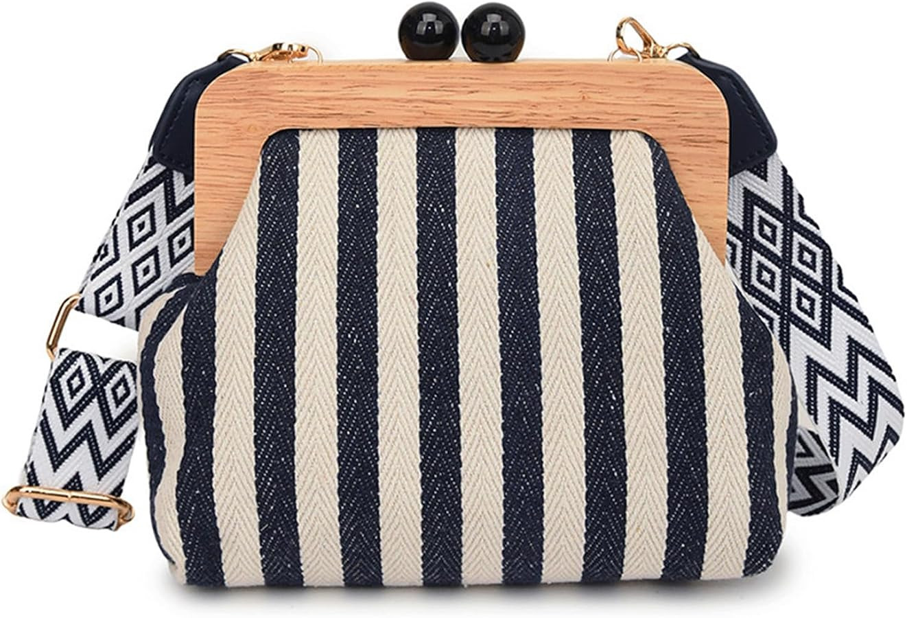 Kisslock Purse for Women Retro Striped Clutch with Thick Strap Canvas Crossbody Shoulder Bag Dail... | Amazon (US)