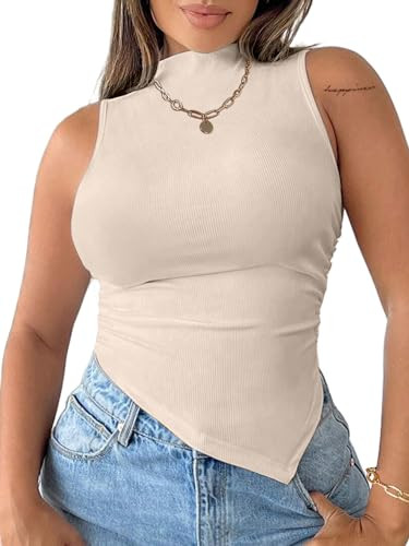 SOFIA'S CHOICE Asymmetrical Tops for Women Ribbed Knit Mock Neck Sleeveless Crop Tank Tops Apricot a Medium | Amazon (US)