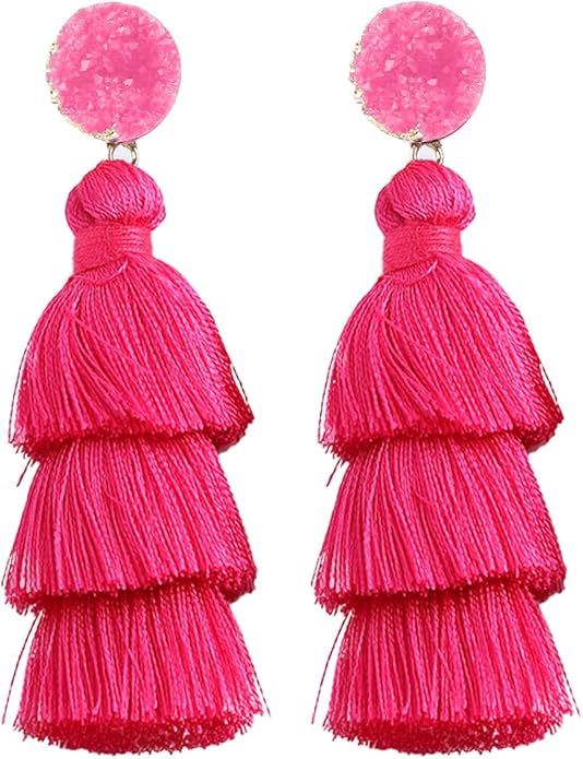 Rave Envy Colorful Tassel Earrings for Women - Layered Tassle Earrings - Choice of Color | Amazon (US)