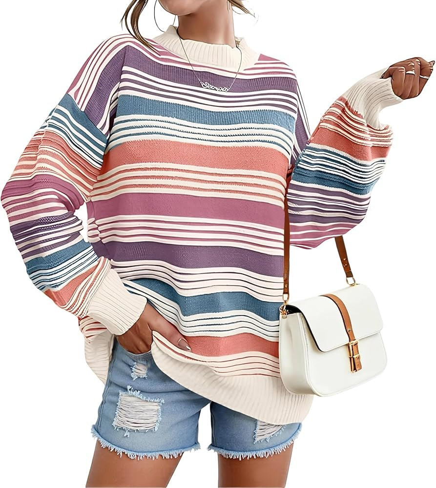 TOPYOGAS Womens Contrast Striped Pullover Sweaters Oversized Crewneck Long Sleeve Winter Pullover... | Amazon (US)