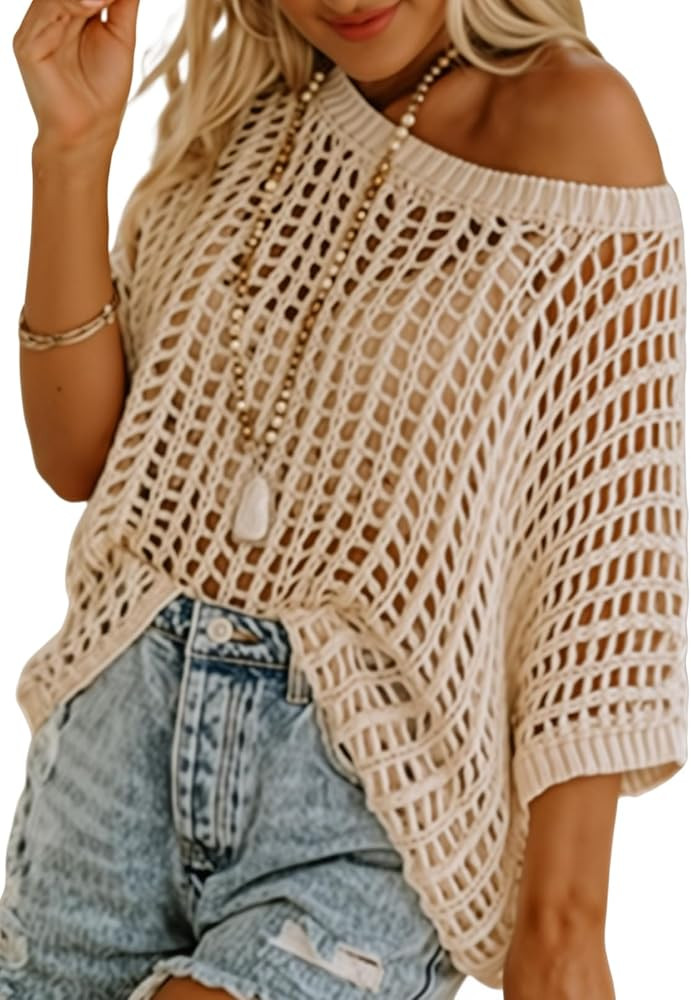 Sidefeel Women's Crochet Tops Short Sleeve Sweater 2025 Fashion Hollow Out Scoop Neck Pullover Knit Tops Cover Ups | Amazon (US)