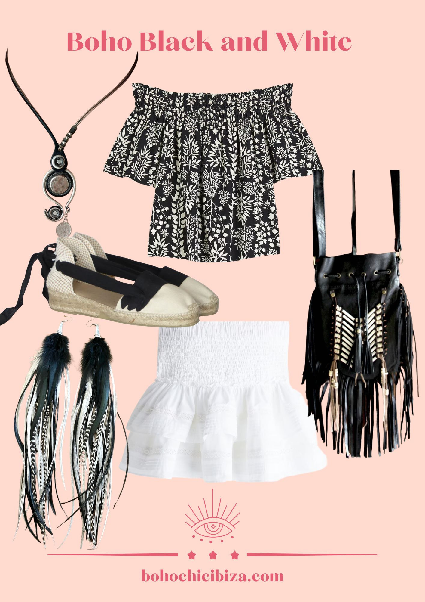Boho Black and White 🖤🤍
- Top off-the-shoulder
- Tiered Boho Skirt
- Boho fringed Bag
- Lace Up Espadrilles mini
- Leather necklace
- Feather Earrings 

 #LTKsummer #LTKpartywear #LTKstyletip