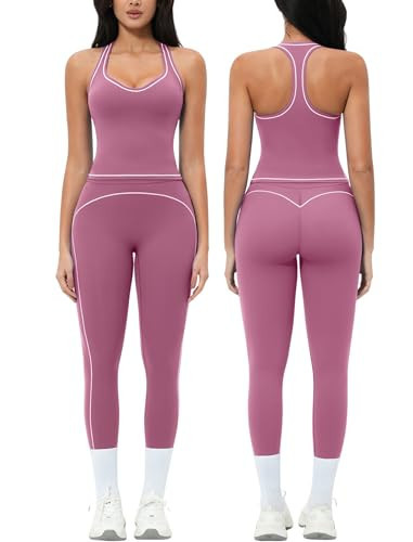 QBGJTD Womens Workout Sets Color Block Racerback Tank Tops Matching High Waist Tummy Control Leggings 2 Piece for Women Gym Yoga Active Wear Pilates Outfits Two Piece Athletic Work Out Set Purple M | Amazon (US)
