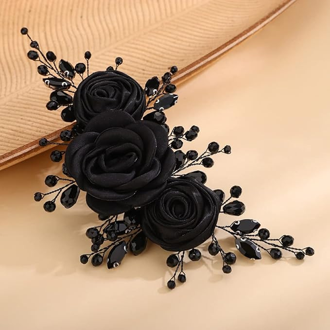 Teyglen Bridal Wedding Headband Black Flower Headband Floral Crystal Hair Pieces Handmade Black R... | Amazon (US)