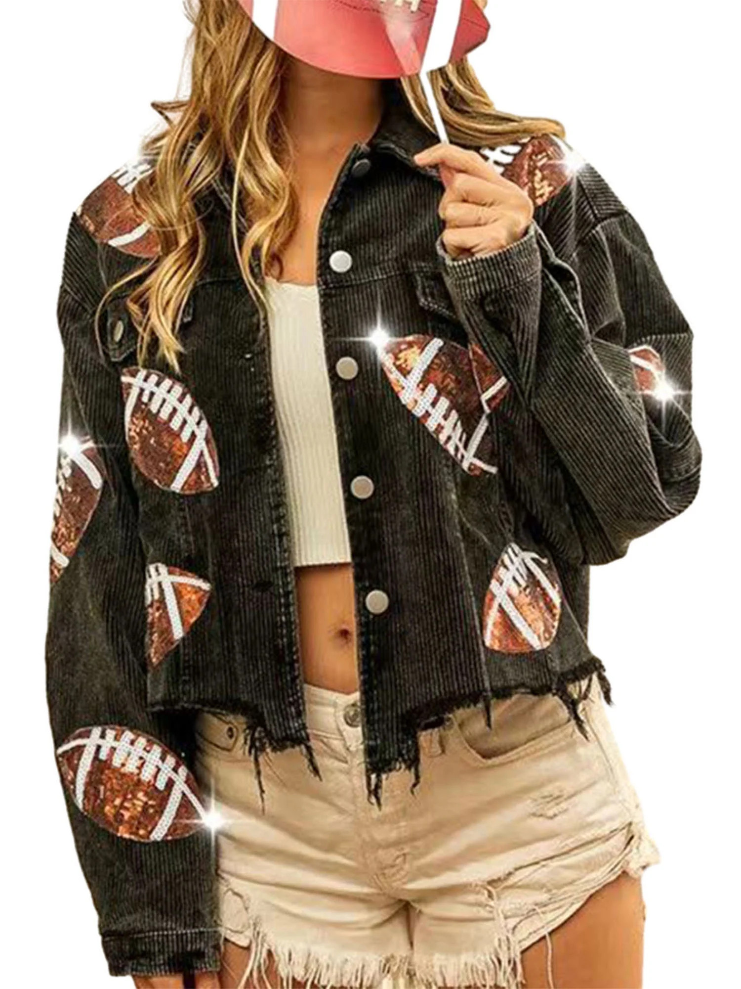 CenturyX Women's Corduroy Shacket Jacket Football Long Sleeve Button-Up Coat | Walmart (US)