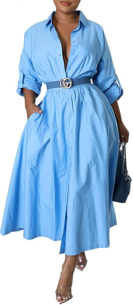 Button Down Shirt Dress for Women Lapel V Neck Elastic Waist A-Line Dress Long Sleeve Cocktail Ma... | Amazon (US)