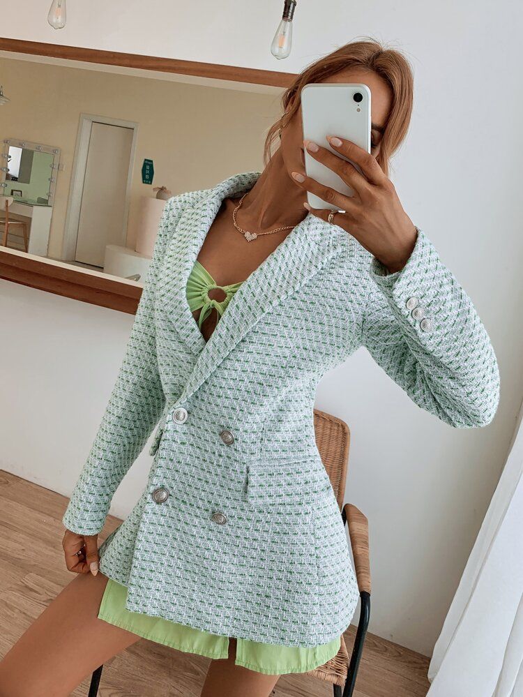 Tweed Double Breasted Blazer | SHEIN