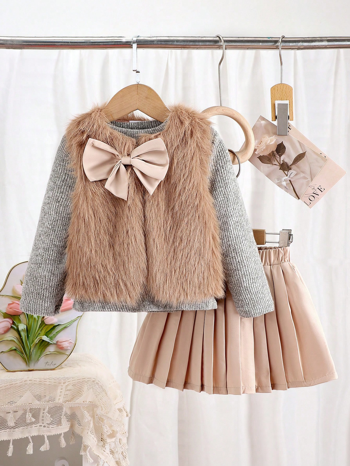 3pcs Fashion Set For Girls: Long Sleeve Knitted Top, Faux Fur Vest And Pleated Skirt, Spring/Fall... | SHEIN