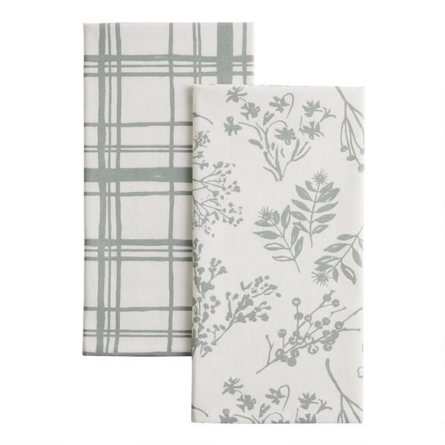 Green Floral and Windowpane Kitchen Towel 2 Pack | World Market