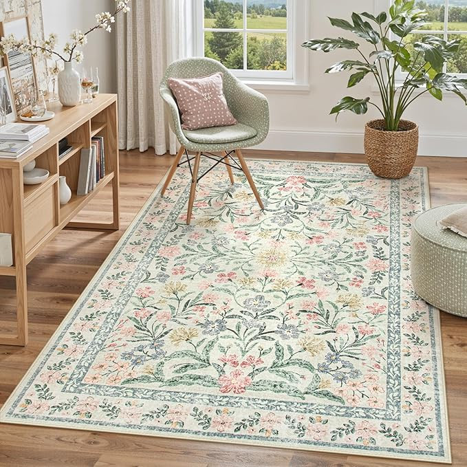 Lahome Boho Rugs for Living Room 5x7, Machine Washable Area Rugs Non-Slip, Vintage Floral Soft Ki... | Amazon (US)