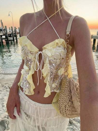 Aloruh Women's Ruffled Sequin Tie-Up Embroidered Camisole Backless Criss-Cross Strap Tank Top, Sp... | SHEIN