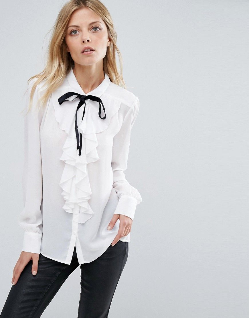 Mango Pussy Bow Blouse With Frill Front Detail - White | ASOS US