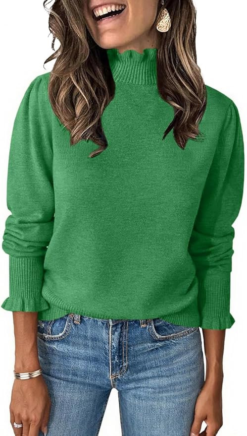 UNCLECAT Womens Ruffle Mock Neck Sweater Casual Puff Long Sleeve Fall Knit Trendy Pullover Sweate... | Amazon (US)