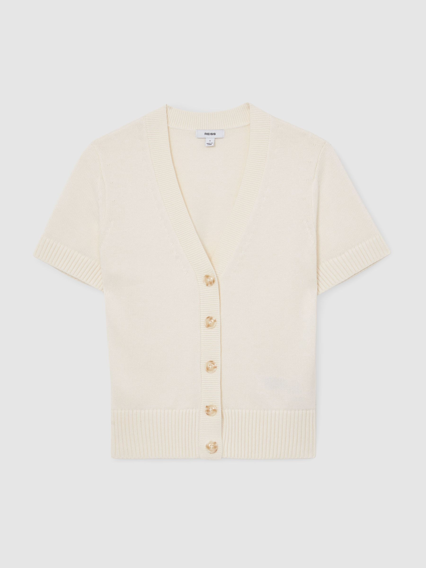 Reiss V-Neck Short-Sleeve Cardigan Cotton-Wool in Ivory | REISS | Reiss US