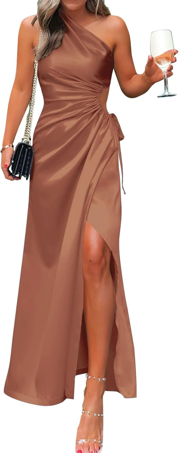 BTFBM Women 2023 One Shoulder Prom Dresses Sleeveless Cutout Ruched Adjustable Split Satin Party ... | Amazon (US)