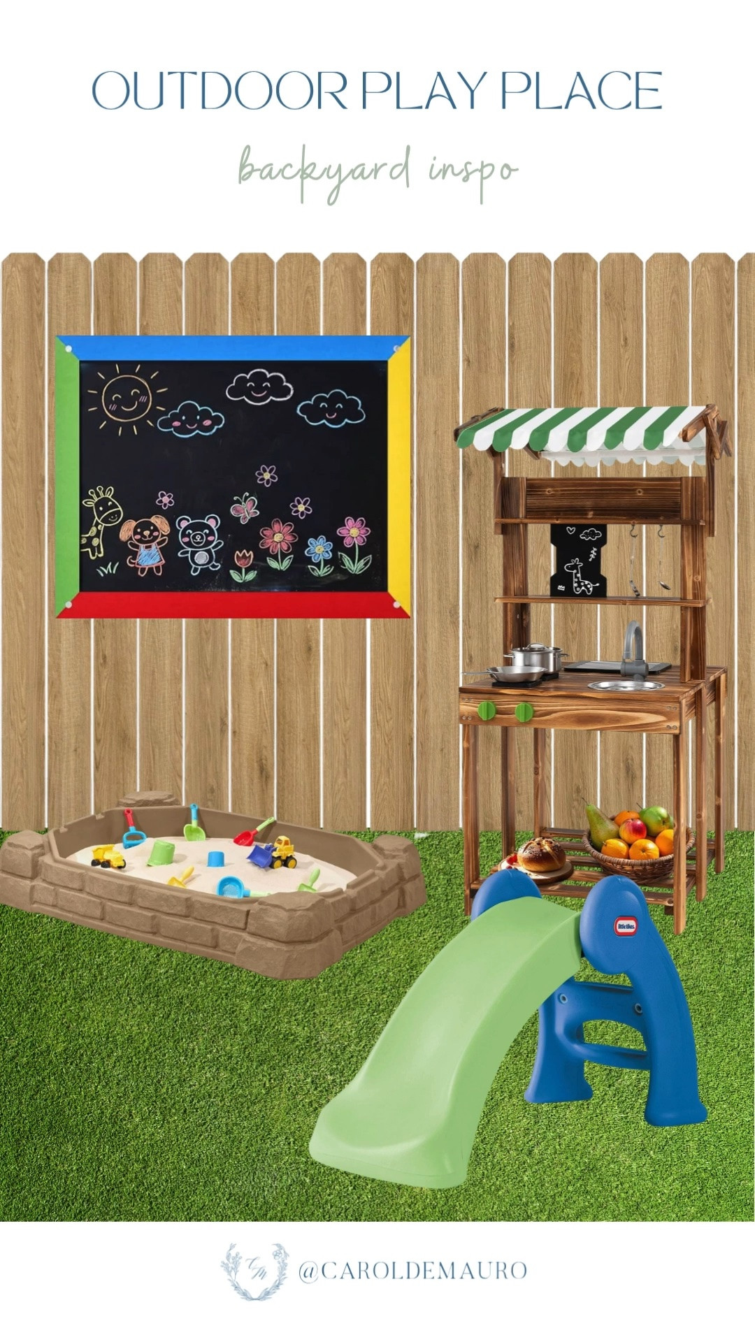 outdoor play place, backyard inspo, kids play area, summer activities for kids, boy mom, toddler space, pretend play, sand pit, outdoor slide

#LTKKids