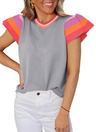 SHEWIN Womens Sweaters Crewneck Spring Tops Lightweight Knit Short Sleeve Sweater Trendy Pullover Top and Blouses Dressy Casual Summer Outfits Grey M | Amazon (US)