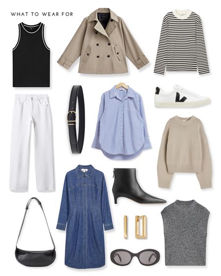 Transitional season capsule wardrobe 

Trench coat, blue shirt, denim dress. White jeans, Veja trainers, stripe top, Arket, & other stories, beige knit, & other stories, mango, gold hoops, black bag, cos

#LTKstyletip #LTKeurope #LTKSeasonal