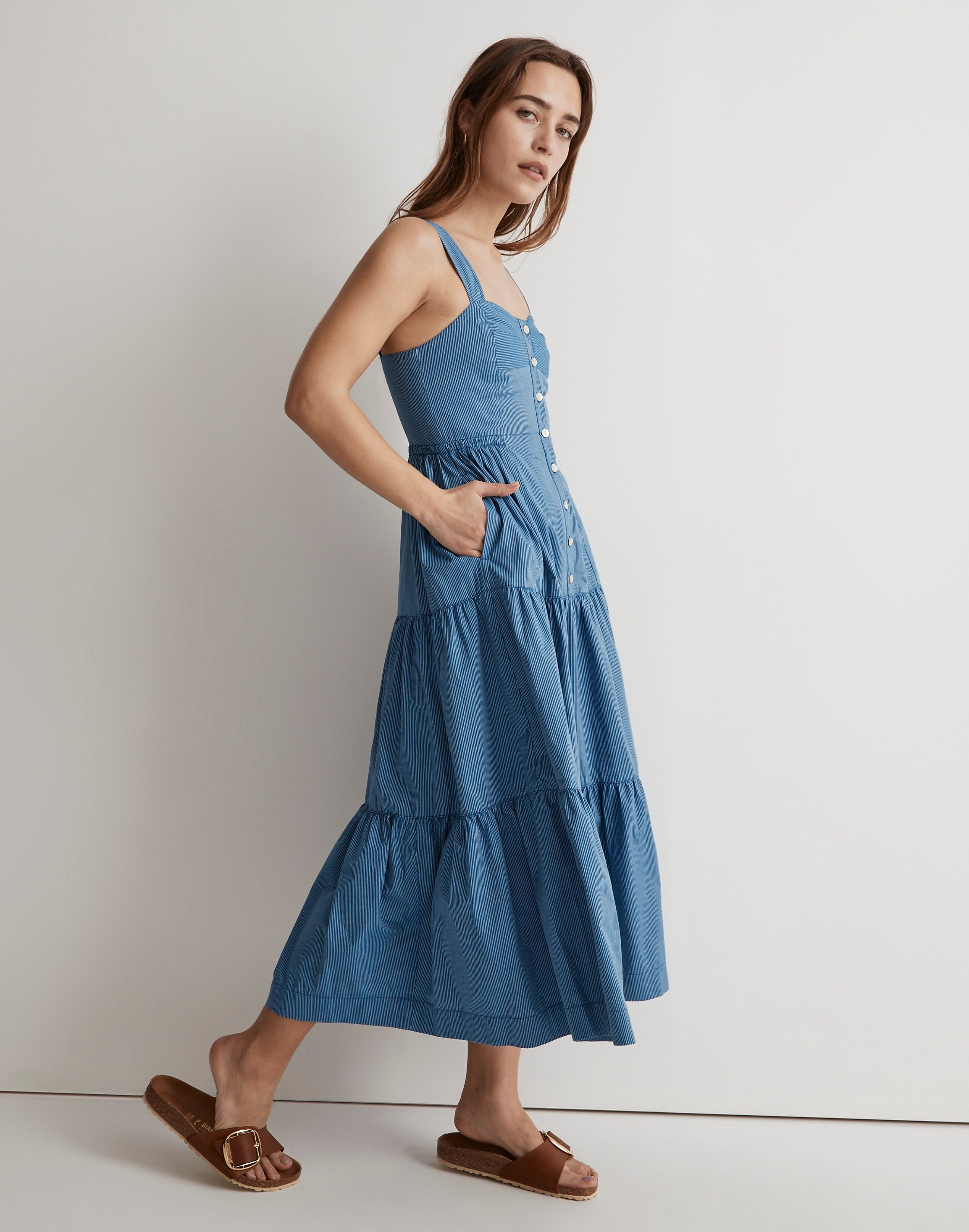 Button-Front Tiered Midi Dress in Stripe | Madewell