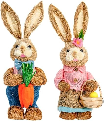 Easter Bunny Decor 13.38 in Standing Sisal Rabbit Figurine Handmade Easter Straw Mr. Bunny Statue... | Amazon (US)