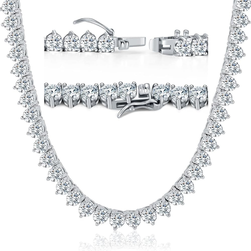 Tennis Necklace for Women Men 3 Prong 18K White Gold Plated 5A 4.0mm Round Cubic Zirconia Cut Fau... | Amazon (US)