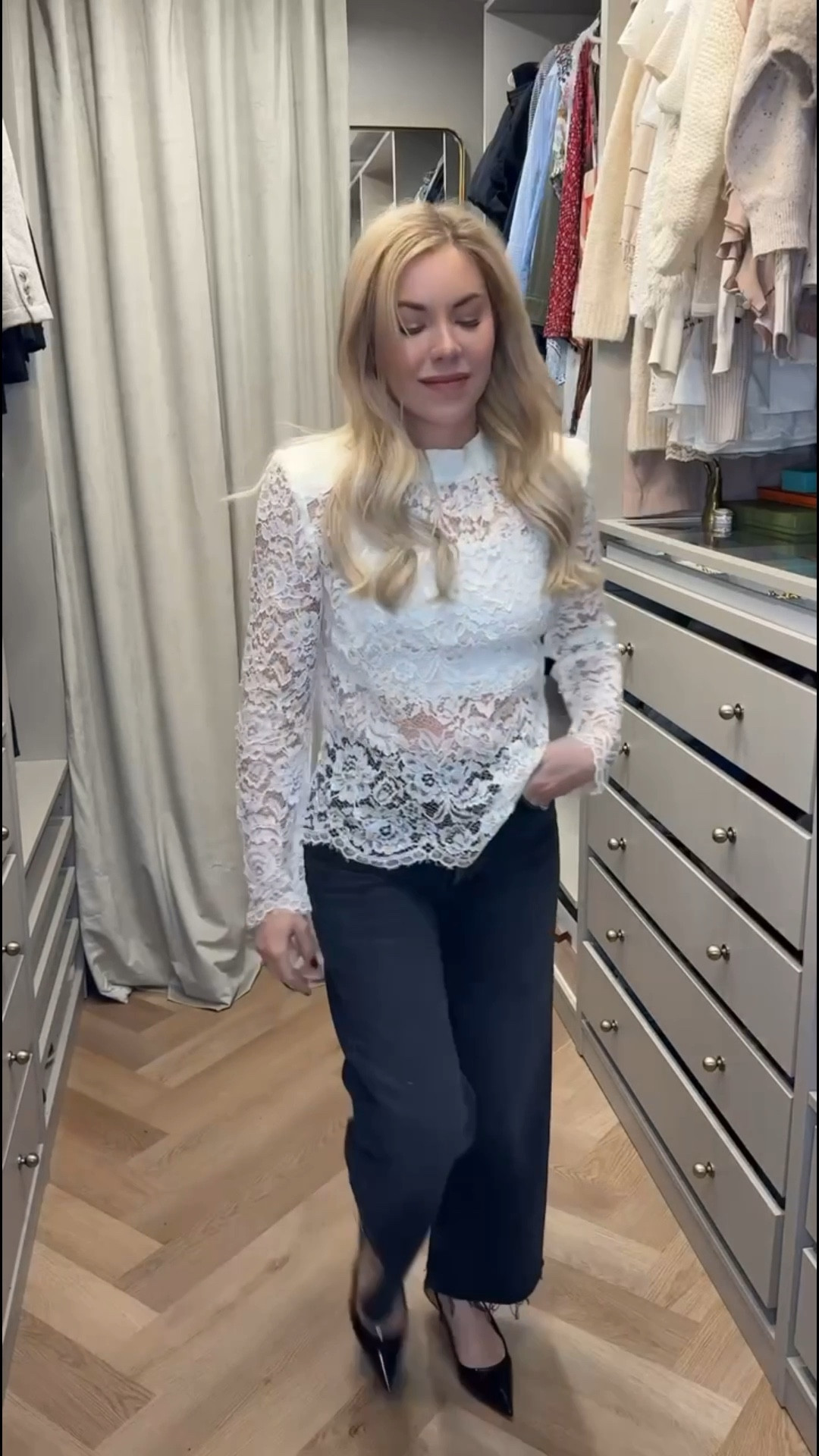 Lace top
Black jeans 
Wide leg cropped jeans 
Kitten heel 

#LTKSeasonal #LTKgrwm #LTKootd