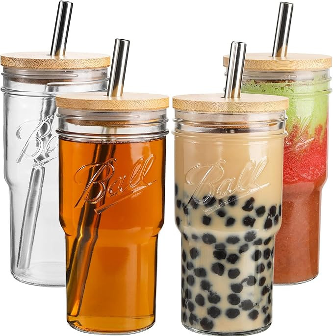 4Pack Glass Tumbler Cups with Bamboo Lids and Straws, 22oz Iced Coffee Cups-Reusable Mason Jar Dr... | Amazon (US)