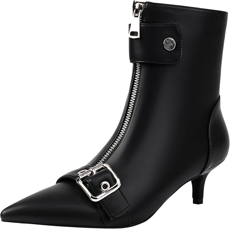 vivianly Womens Pointed Toe Ankle Booties Kitten Heel Boots Zipper Square Buckle | Amazon (US)