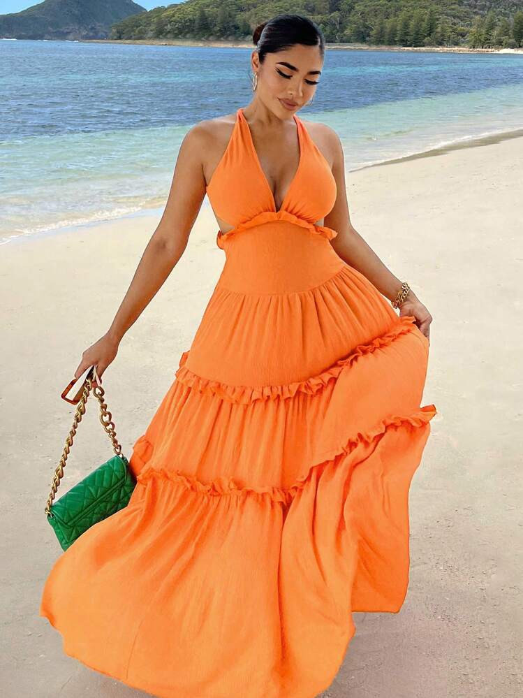 SHEIN SXY Frill Trim Backless Layered Hem Swing  Dress Vacation Dress | SHEIN