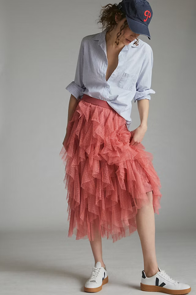 Tesia Ruffled Tulle Midi Skirt | Anthropologie (US)