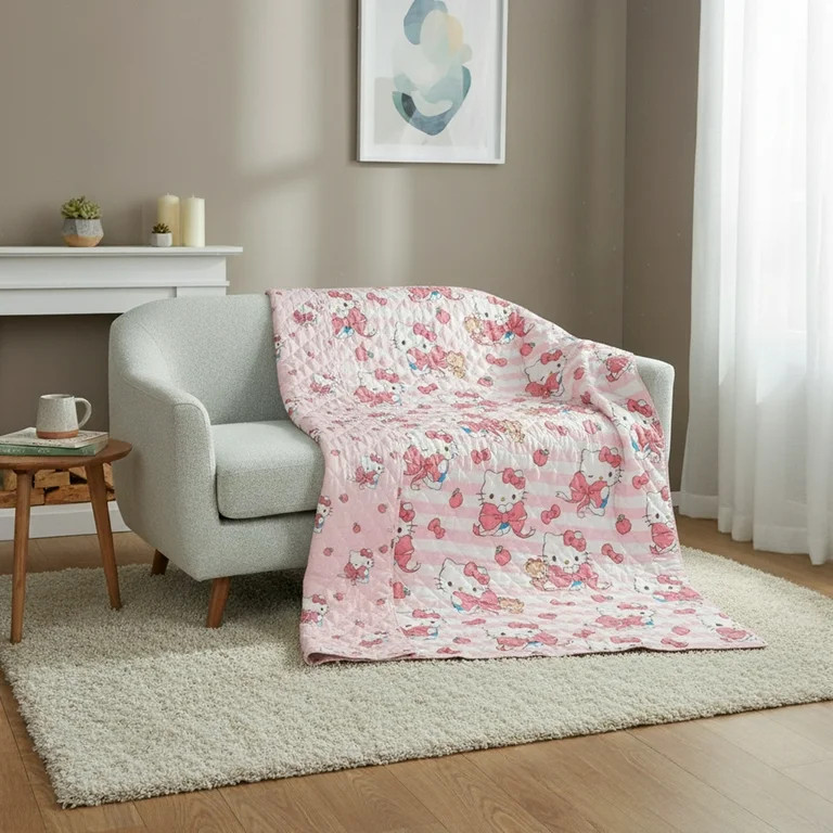 Hello Kitty Gentle Kittens Twin/Full Reversible Microfiber Quilted Blanket, 62x90 inches | Walmart (US)