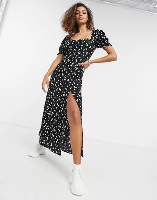 Bardot puff sleeve midi dress with thigh split in abstract spot | ASOS (Global)