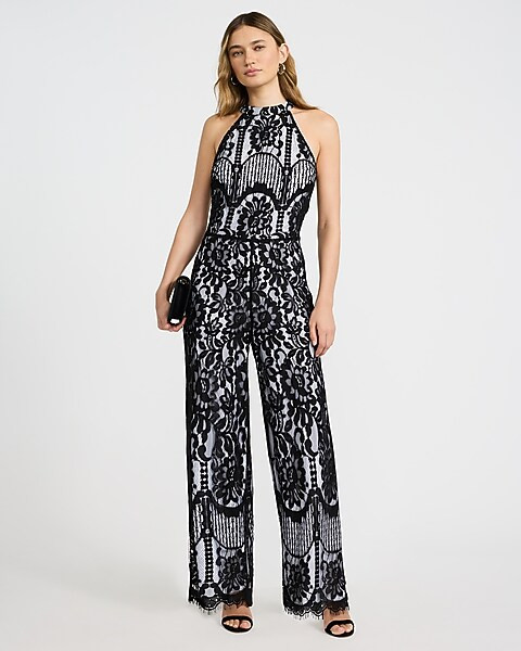 EXPRESS x bebe Lace Color Block Halter Jumpsuit | Express