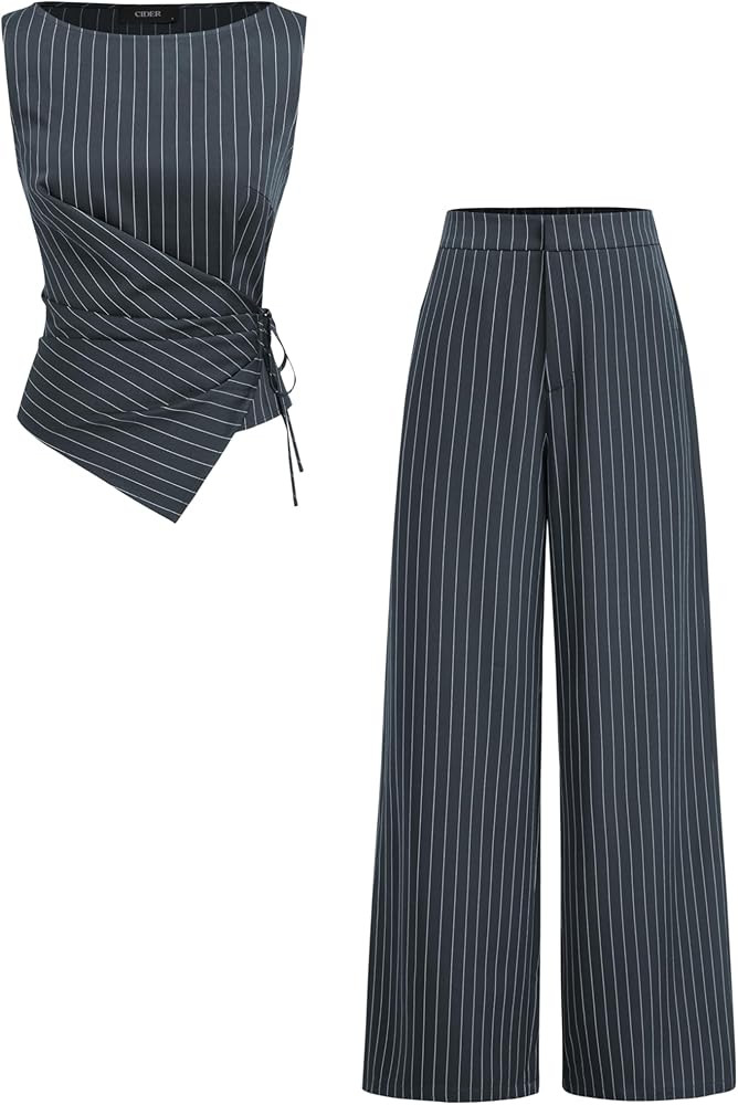 CIDER Lounge Sets For Women Striped Wrap Knotted Top Straight Leg Trousers Set Boat Neck Mid Wais... | Amazon (US)