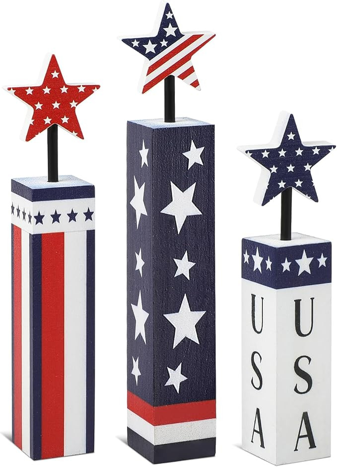 COCHIE 4th of July Decorations Set, Red White Blue Decor, Wooden Patriotic Memorial Day Tiered Tr... | Amazon (US)