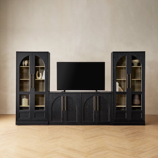 Blake 4 Piece Entertainment Center with Storage, TV Stand with Tall Arched Display Cabinets, Blac... | Walmart (US)