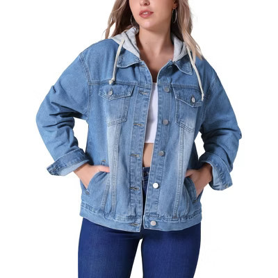 INSPIRE CHIC Women's Long Sleeve Button Down Detachable Hoodie Jean Jacket Blue X-Large | Target