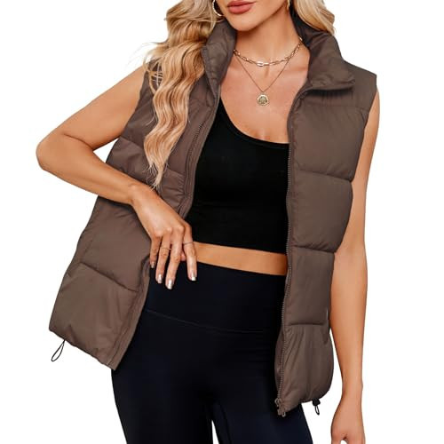 Century Star Brown Puffer Vest Women's Oversized Quilted Vest Top Jacket Coat Warm Fall Winter Gilet Sleeveless Zip Girls Large | Amazon (US)