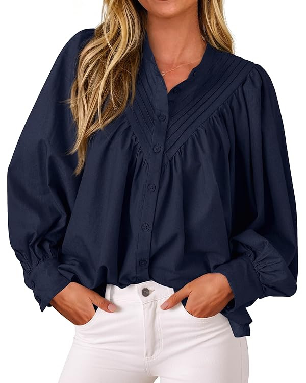 KIRUNDO Blouses for Women Dressy Casual Puff Long Sleeve Mock Neck Button Down Loose Fit Pleated ... | Amazon (US)