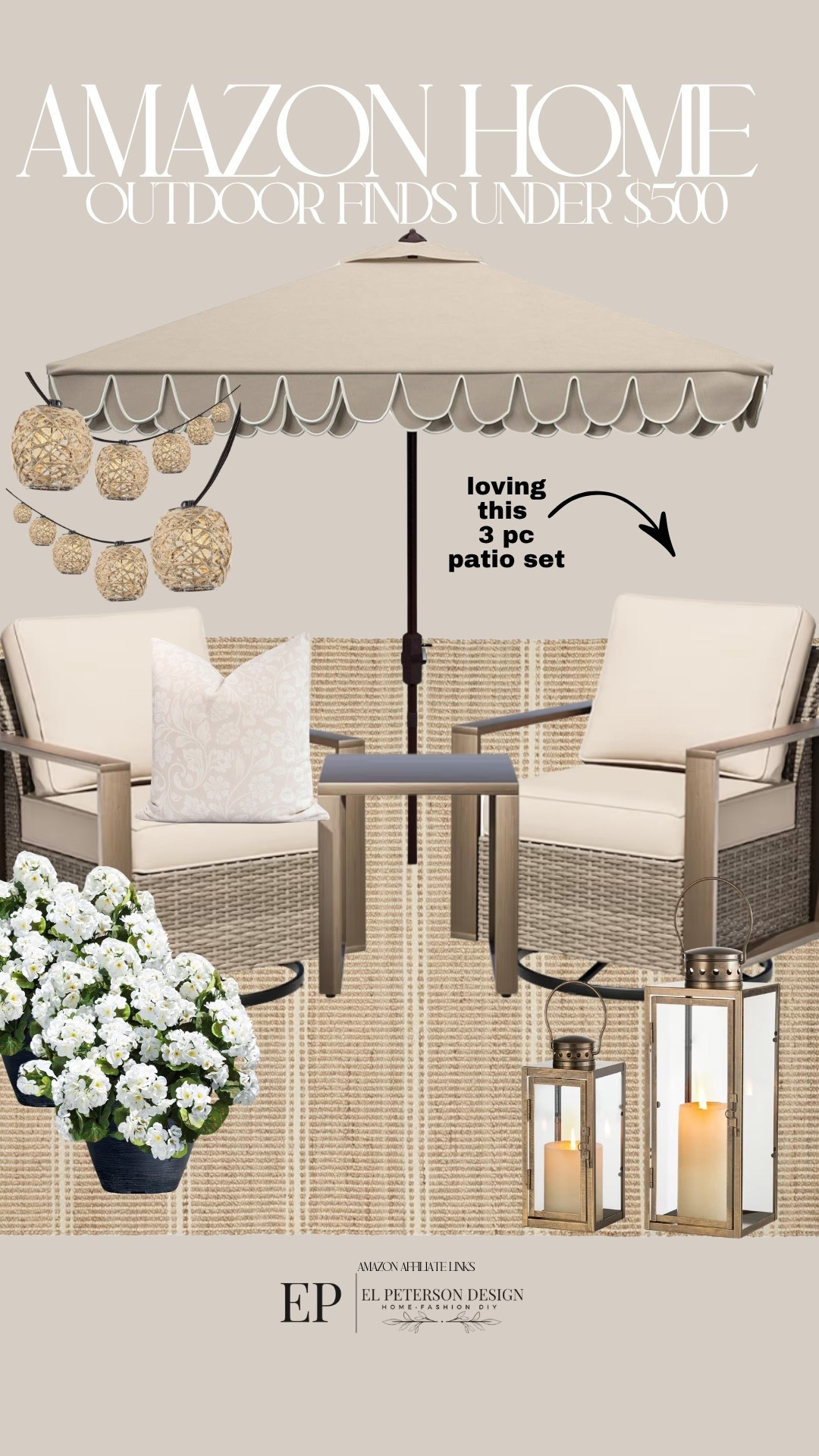 Amazon
Outdoor Umbrella
Area rug
Potted Flowers
Floor lantern
3 pc outdoor conversational set
Outdoor string light 


#LTKHome