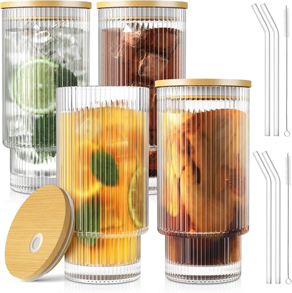 16OZ Ribbed Glass Cups with Lids and Straws 4 Set, Vintage Glassware for Whiskey Cocktail Beer, I... | Amazon (US)