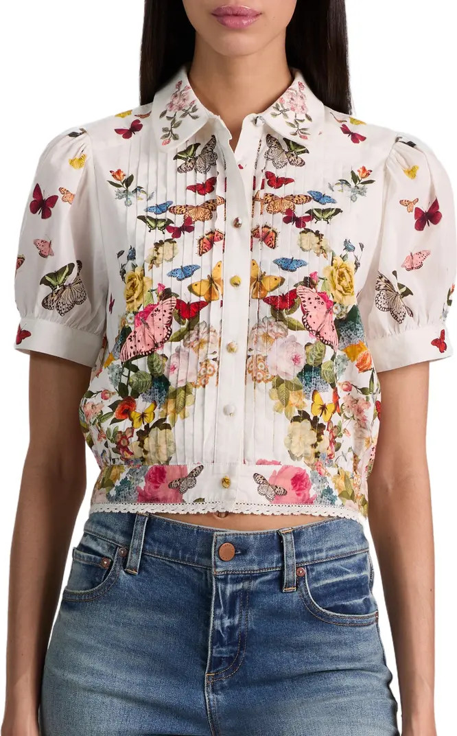 Rosie Butterfly & Floral Print Pleated Cotton Button-Up Shirt | Nordstrom