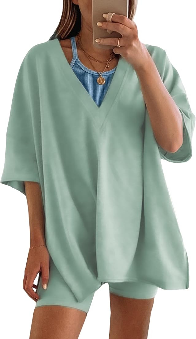 Lianlive 2 Piece Outfits Women's Oversized T-Shirts Biker Short Sets Hot Shot Reversible Set | Amazon (US)